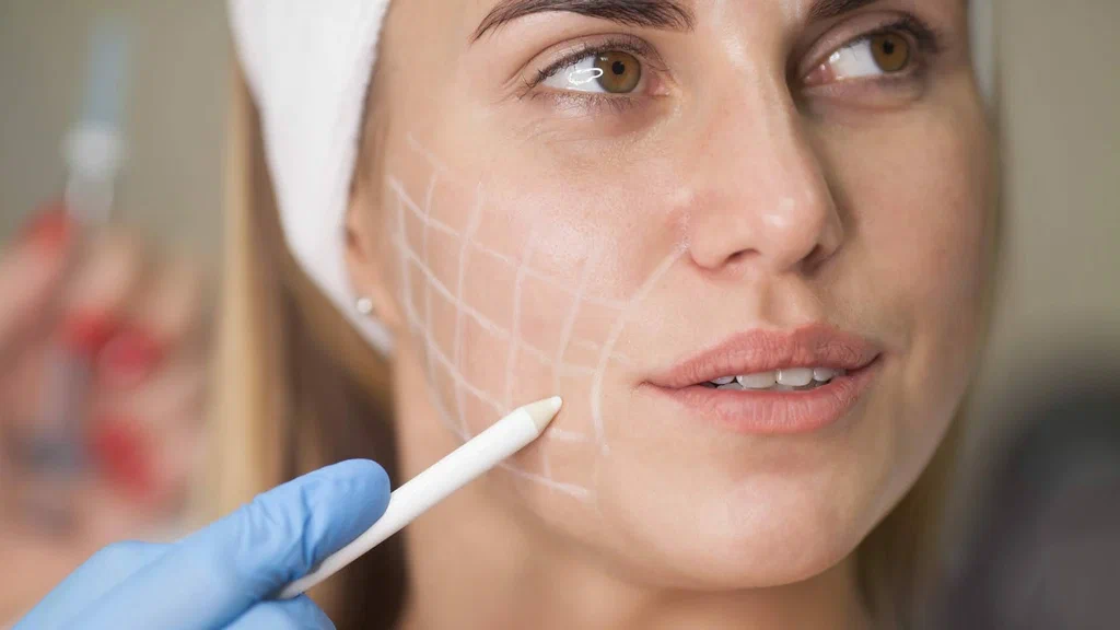 Woman receiving Masseter Botox injection to slim jawline and reduce teeth grinding.